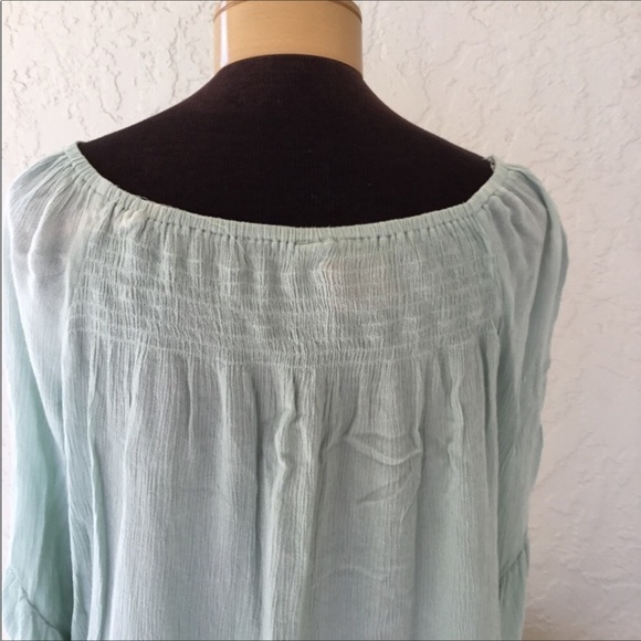 Raga blouse Womans medium bell sleeve crinkle material light green lace … - Picture 9 of 15